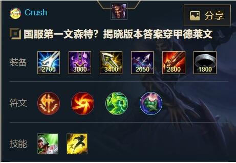 英雄联盟手游德莱文最强出装天赋怎么搭配 英雄联盟手游德莱文最强出装天赋一览